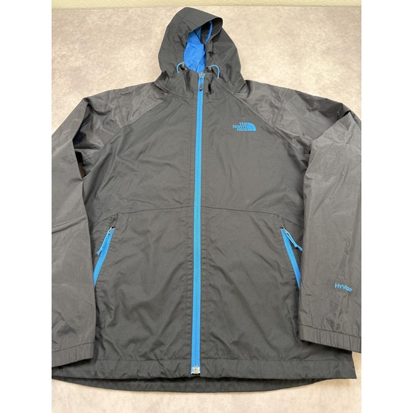 The North Face HyVent Jacket Mens Small Black Blue Hooded Waterproof Rain Shell - Picture 10 of 16